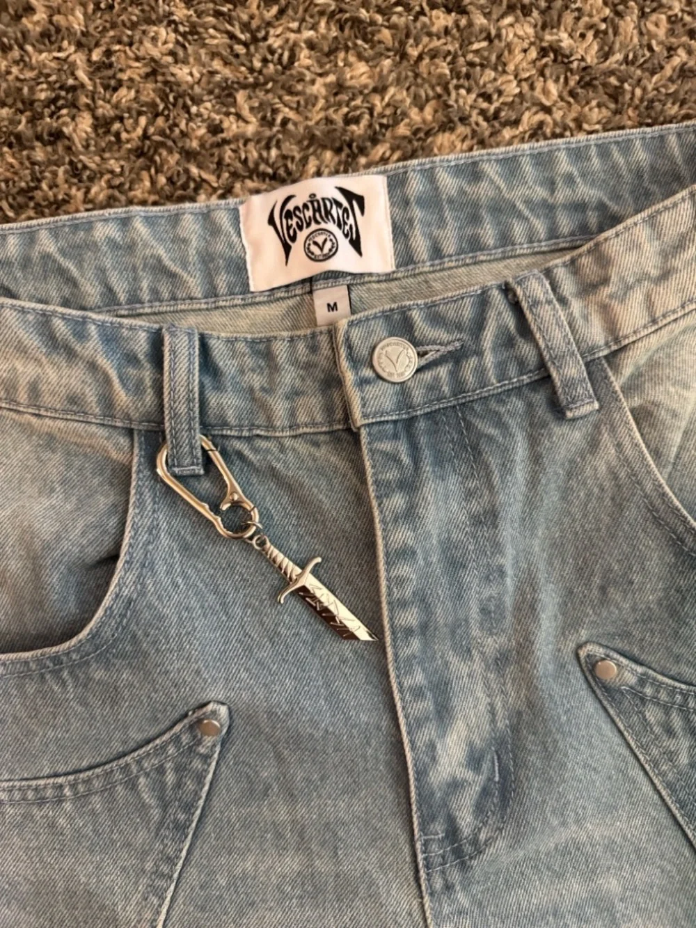 Light Blue Embroidered Men’s Jeans with Pink Floral Detail - Picture 4 of 8